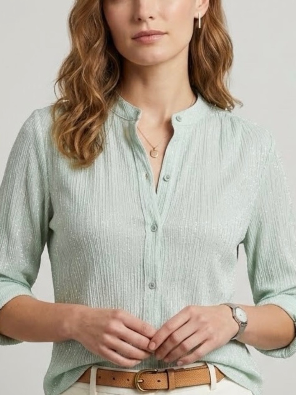 Suzie Kondi Mint Green Metallic Stripe Cotton Lurex Gauze Blouse Top Sz S